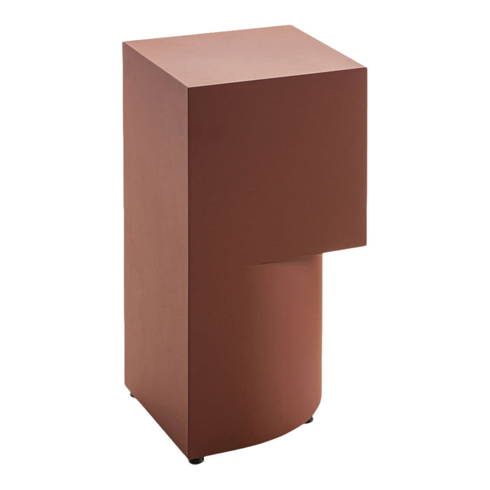 Rust-colored geometric side table with a smooth matte finish and minimalist design, ideal for modern decor.