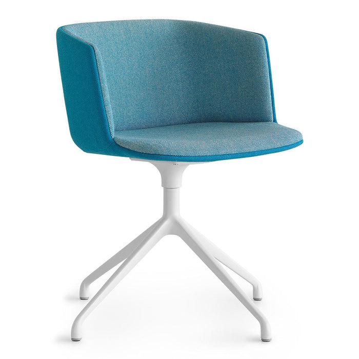 Blue fabric armchair with a textured pattern and sleek white base. Perfect for modern indoor spaces.