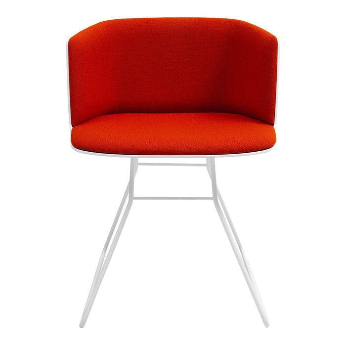 Vibrant orange upholstered chair with a sleek white metal frame and smooth, modern lines. Perfect for contemporary decor.
