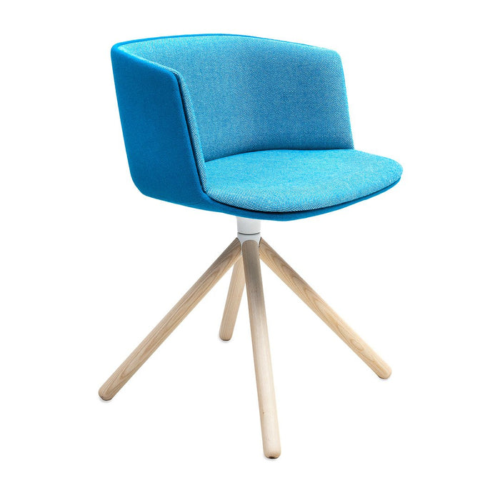 Turquoise upholstered chair with a smooth texture and natural wood tripod legs. Perfect for modern decor.