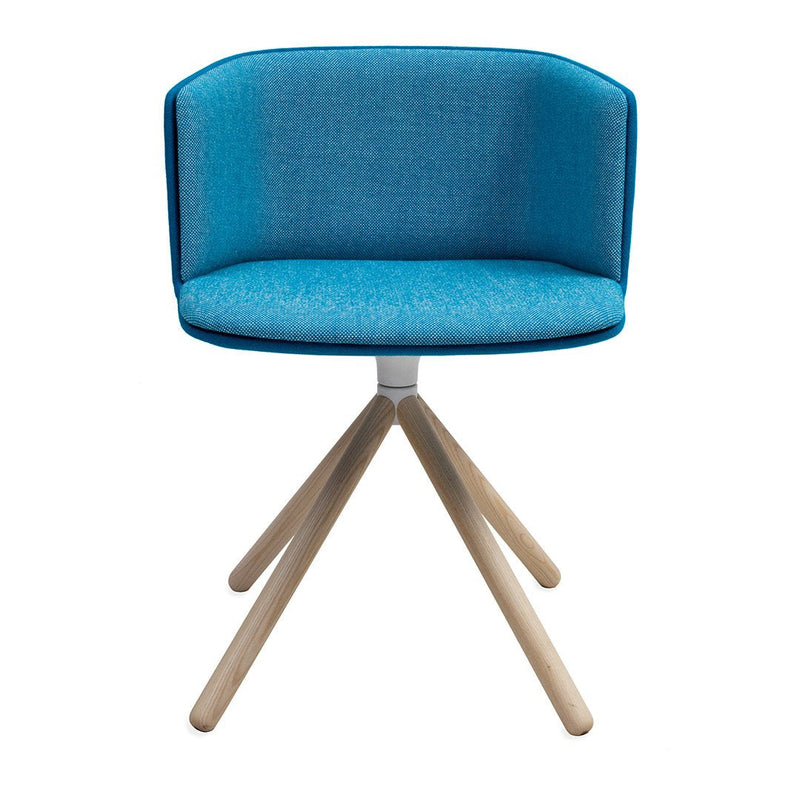 Blue upholstered chair with a textured pattern and natural wood tripod legs. Ideal for modern decor.