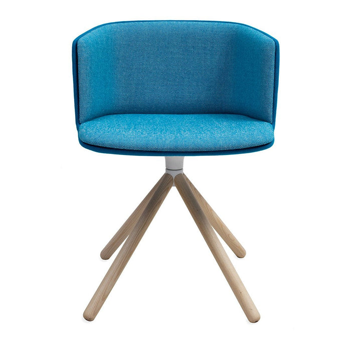 Stylish ergonomic chair featuring a vibrant blue upholstery and natural wooden tripod legs.