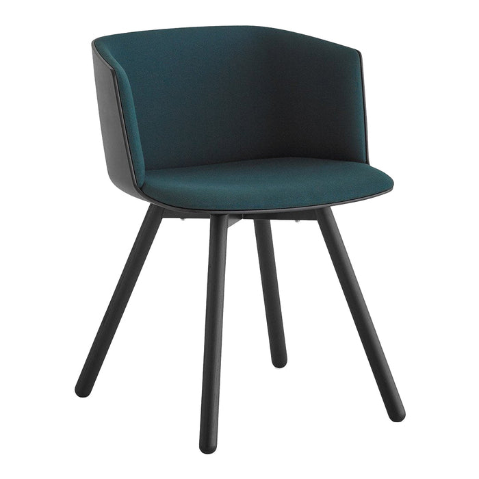 Teal upholstered chair with sleek black legs, featuring a minimalist design and smooth contours. Perfect for modern decor.