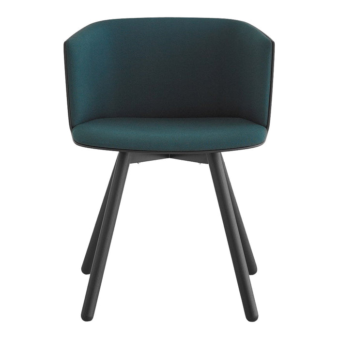 Teal upholstered chair with a minimalist design and sleek black wooden legs.