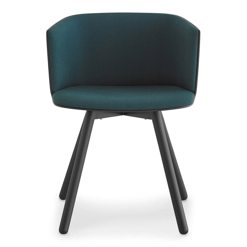 Teal upholstered chair with a sleek black wooden frame and minimalistic design. Perfect for modern spaces.