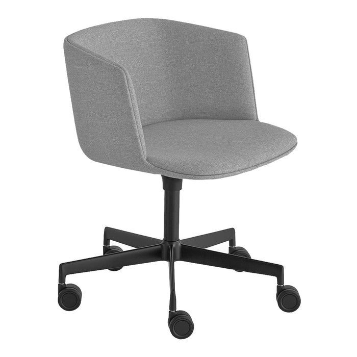 Gray upholstered chair with a smooth fabric surface and a minimalist design, featuring a sturdy black wheeled base.