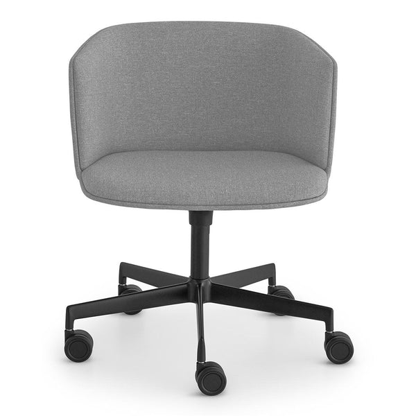 Gray upholstered desk chair with a minimalist design and sleek black wheels. Contemporary and stylish for any workspace.