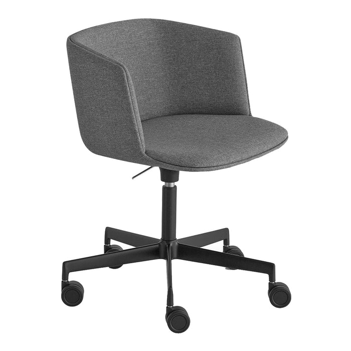 Modern gray upholstered chair with a smooth finish and a sleek black base, featuring a minimalist design.
