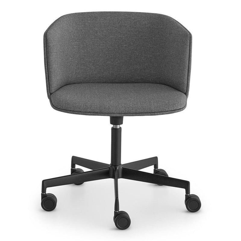 Gray upholstered chair with a sleek design and a black base, featuring a smooth, modern finish.
