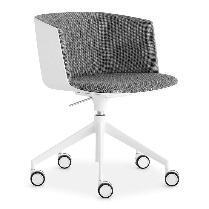 Gray upholstered chair with a smooth white plastic shell and rolling base, featuring a minimalist design.