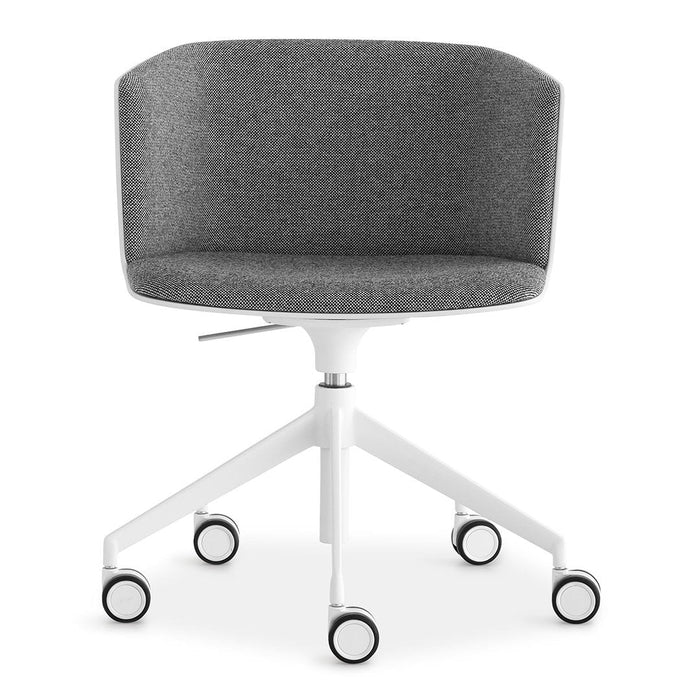 Gray upholstered office chair with a curved back, white base, and rolling wheels. Modern and sleek design.