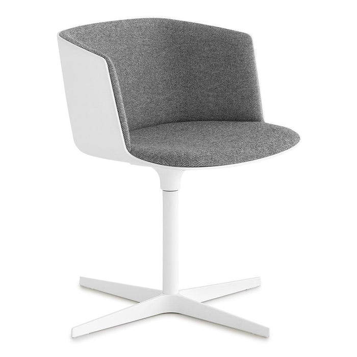 Gray upholstered chair with a sleek white frame and a modern minimalist design. Perfect for contemporary spaces.
