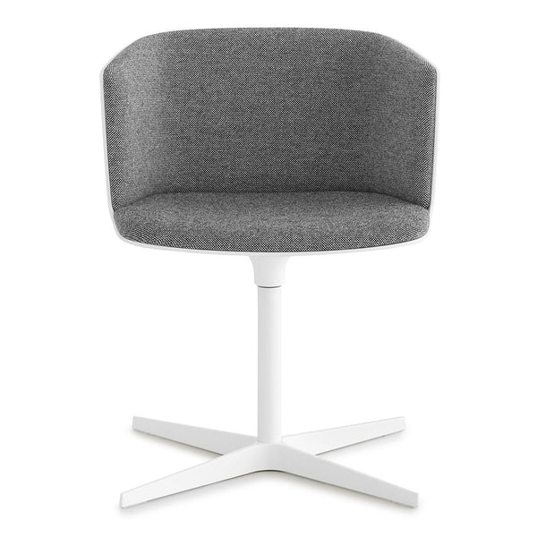 Gray fabric swivel chair with a smooth, minimalist design and a sleek white base.