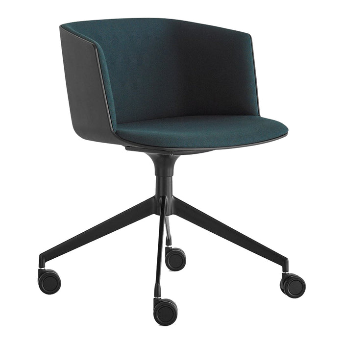 Modern teal and black office chair with a sleek design and subtle texture, featuring a swivel base and rolling wheels.