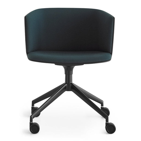 Modern black swivel chair with a sleek, curved back and minimalist design, featuring a matte finish on its base.