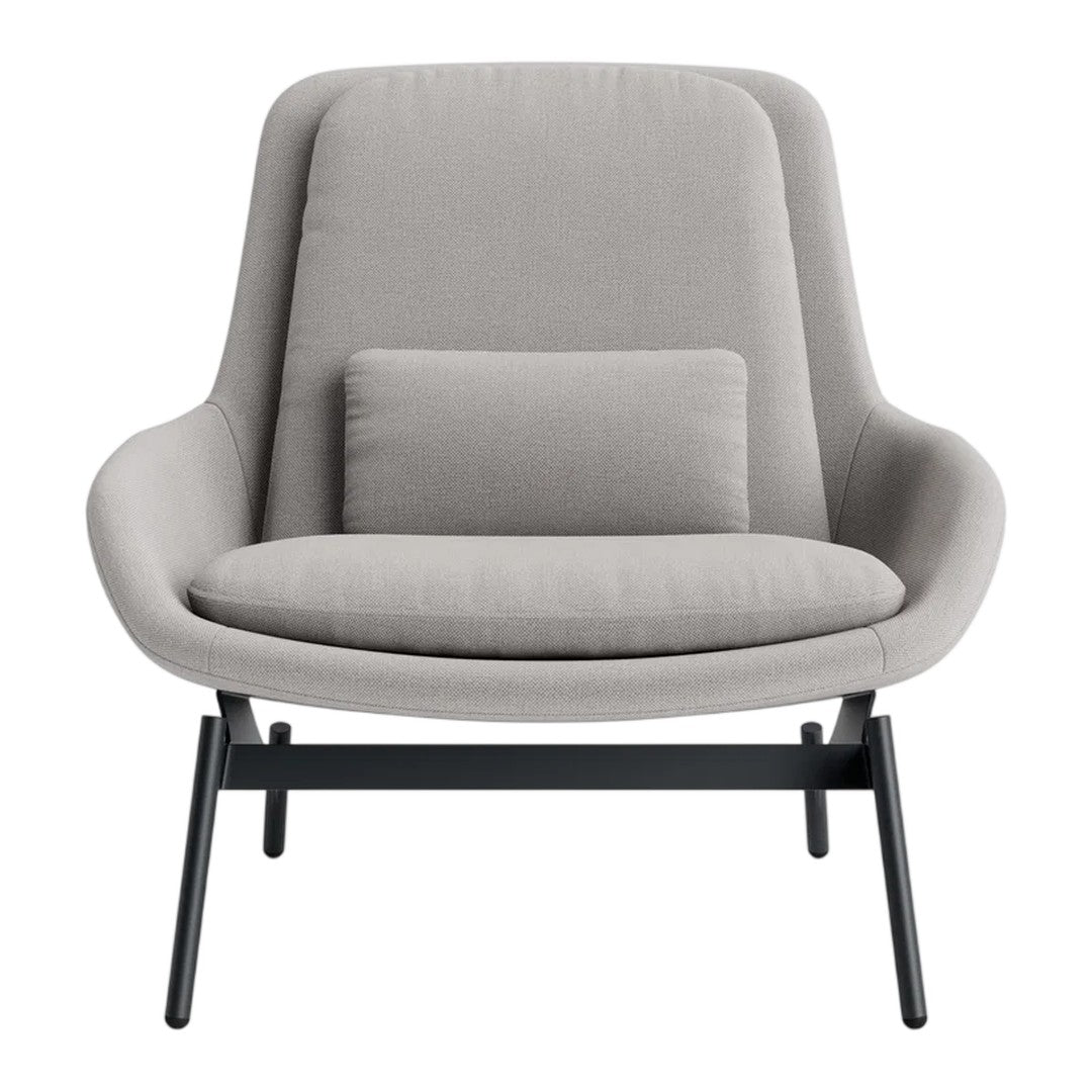 Light gray upholstered armchair with a modern design, featuring subtle textures and a minimalist aesthetic.