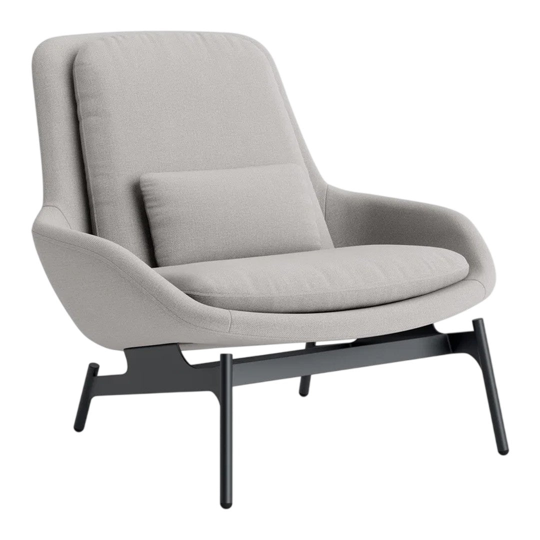 Light gray upholstered armchair with a minimalist design and a sleek black metal frame.