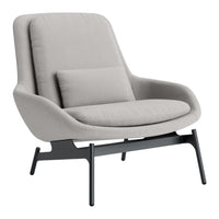 Light gray upholstered armchair with a minimalist design and a sleek black metal frame.
