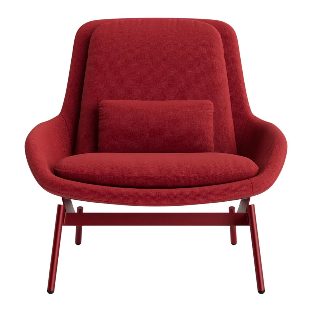 Red upholstered chair with a smooth, modern design and minimalist accents on a sleek metal frame.