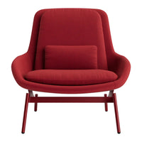 Red upholstered chair with a smooth, modern design and minimalist accents on a sleek metal frame.