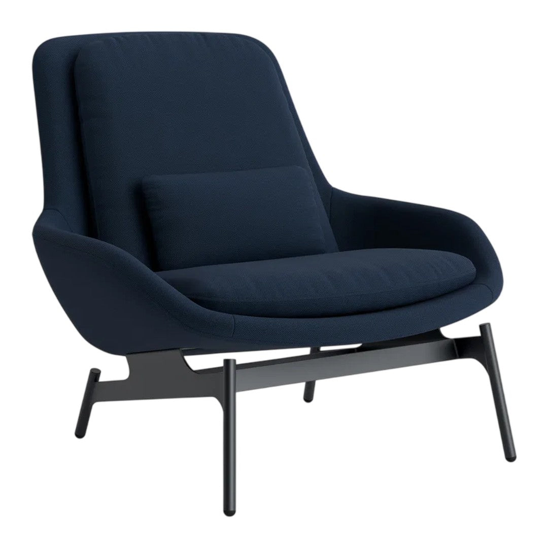 Modern navy blue armchair with a smooth, textured fabric and minimalist black metal frame. Ideal for contemporary decor.