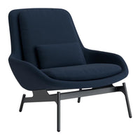Modern navy blue armchair with a smooth, textured fabric and minimalist black metal frame. Ideal for contemporary decor.