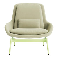 Light green armchair with a soft fabric seat and minimalist design, featuring a pale yellow metal base and simple lines.