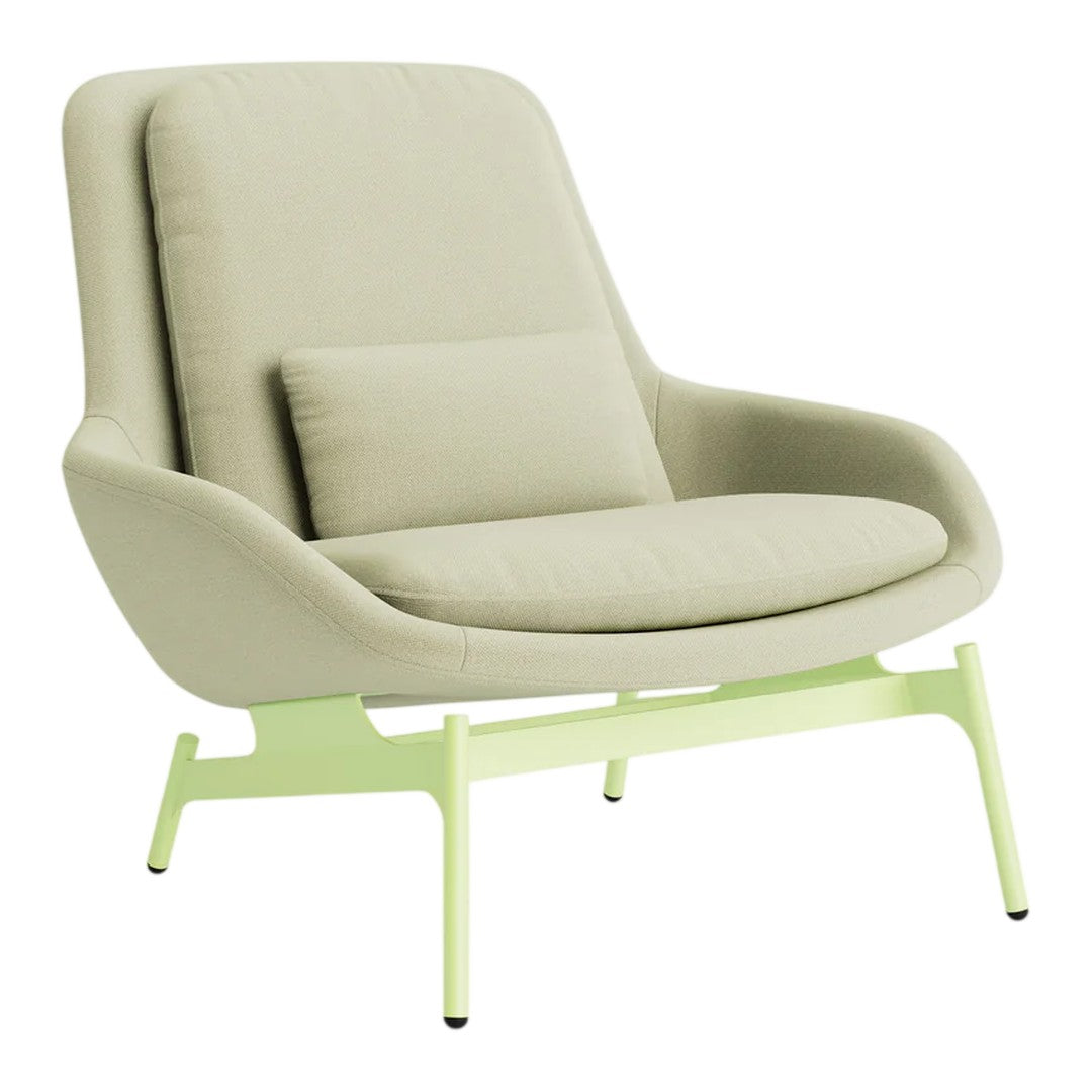 Light beige armchair with a sleek, modern design and a pale green metal base, featuring a minimalist aesthetic.