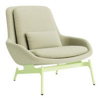 Light beige armchair with a sleek, modern design and a pale green metal base, featuring a minimalist aesthetic.
