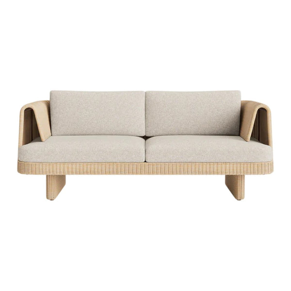 Beige upholstered sofa with textured, ribbed wooden base and sleek, modern design. Ideal for contemporary living spaces.