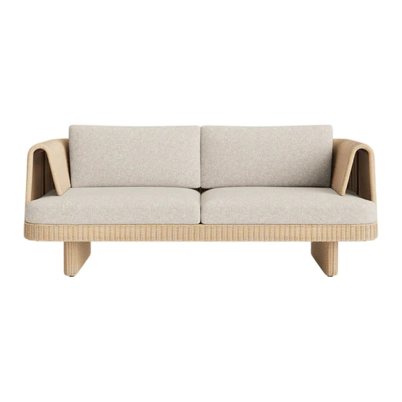 Beige upholstered sofa with textured, ribbed wooden base and sleek, modern design. Ideal for contemporary living spaces.
