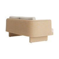Beige ribbed fabric sofa with a smooth gray cushion, offering a modern and textured aesthetic.