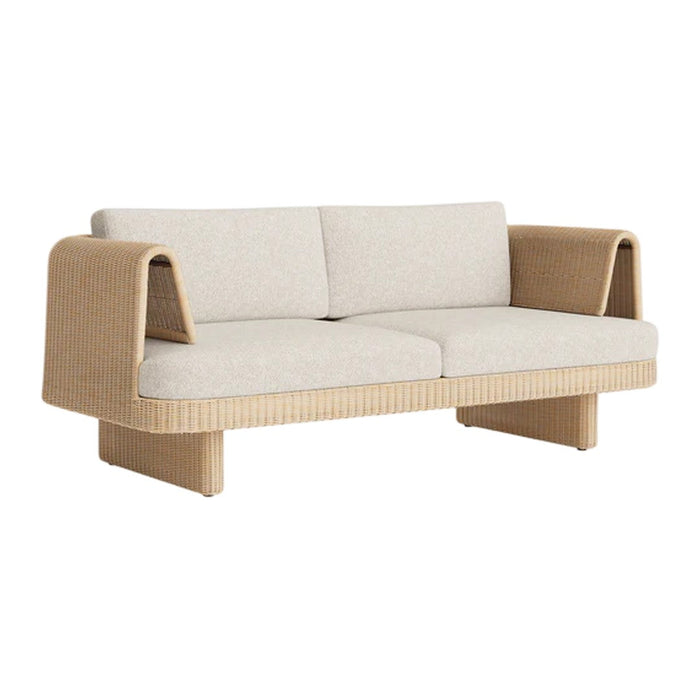 Beige fabric sofa with textured woven sides and clean, modern lines. Ideal for contemporary living spaces.