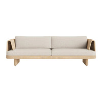 Beige fabric sofa with natural wood arms, featuring a minimalist design and subtle woven texture.