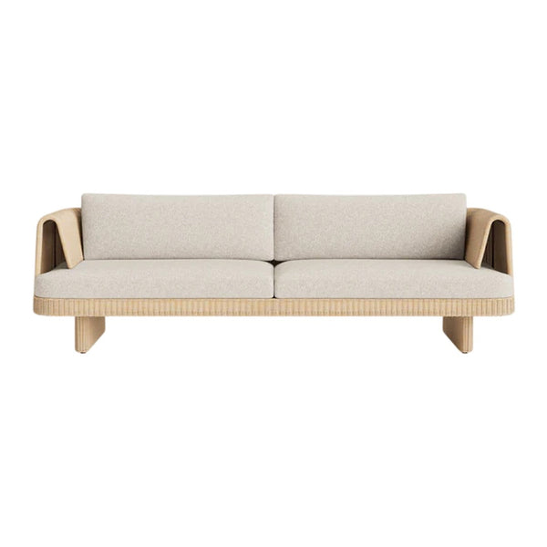 Beige fabric sofa with natural wood arms, featuring a minimalist design and subtle woven texture.