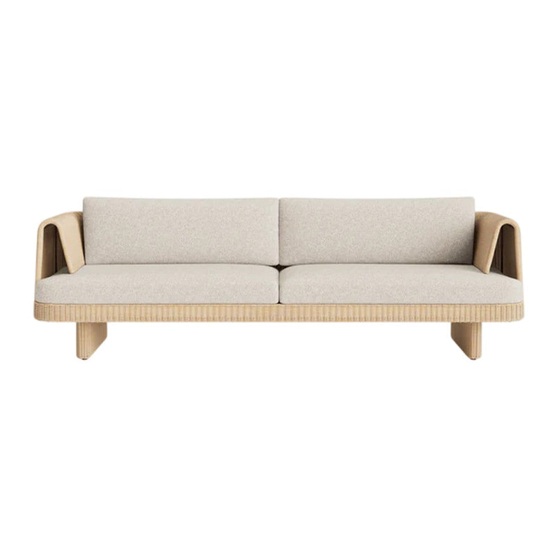 Beige fabric sofa with natural wood arms, featuring a minimalist design and subtle woven texture.
