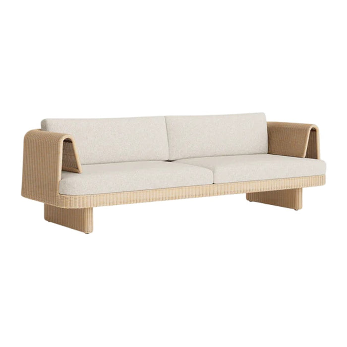 Beige upholstered sofa with natural wood accents and a textured pattern, offering a modern and minimalistic look.