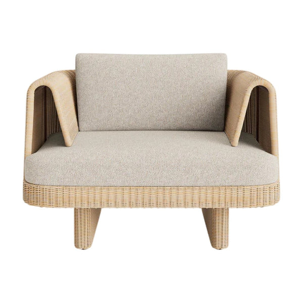 Beige upholstered armchair with a textured wooden frame and grooved details. Modern, minimalist design.