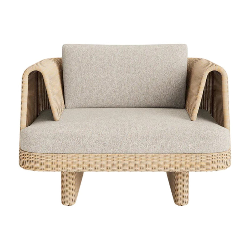 Beige upholstered armchair with a textured wooden frame and grooved details. Modern, minimalist design.