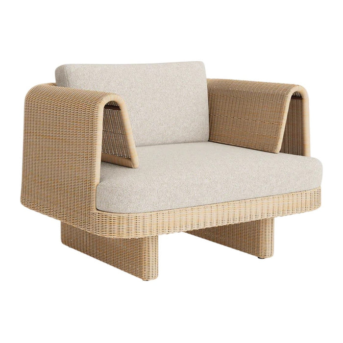 Beige fabric cushions on a natural woven rattan chair with a streamlined, modern design. Perfect for stylish decor.