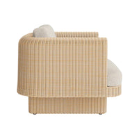 Beige ribbed fabric sofa with a smooth, light gray cushion and curved design. Perfect for modern interiors.