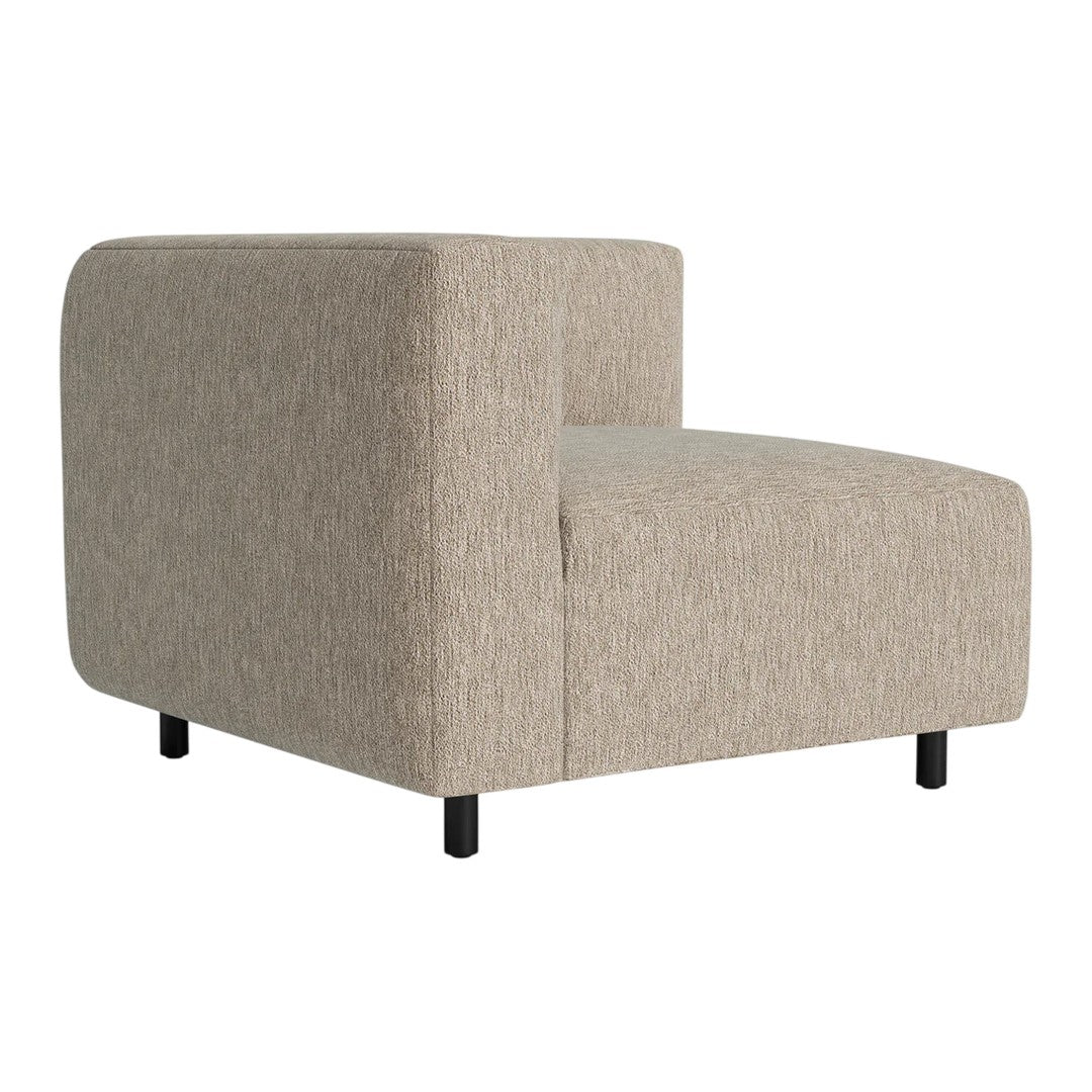Beige modular sofa section with a textured fabric, featuring a minimalist design and sleek black legs.