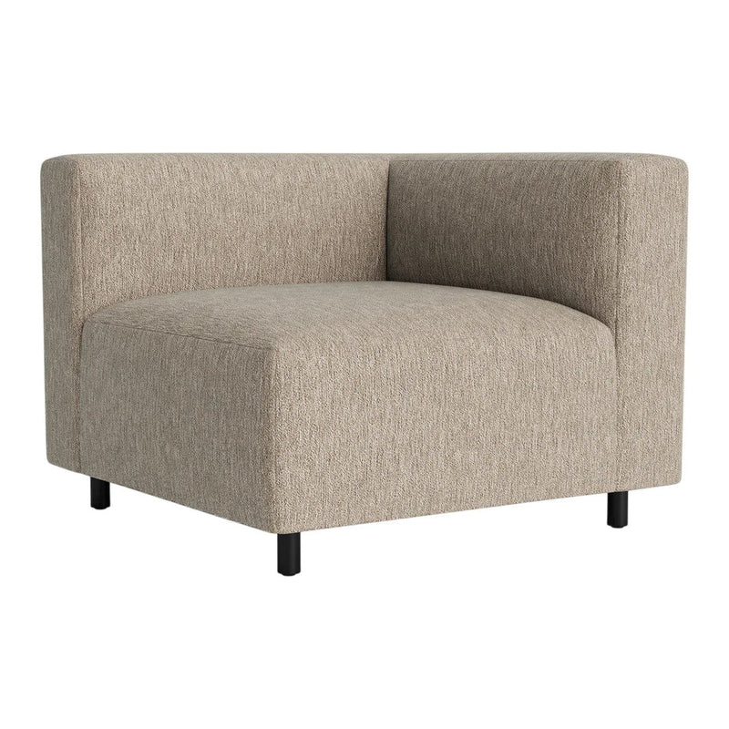 Light brown, textured fabric corner chair with sleek black legs, ideal for modern living spaces.