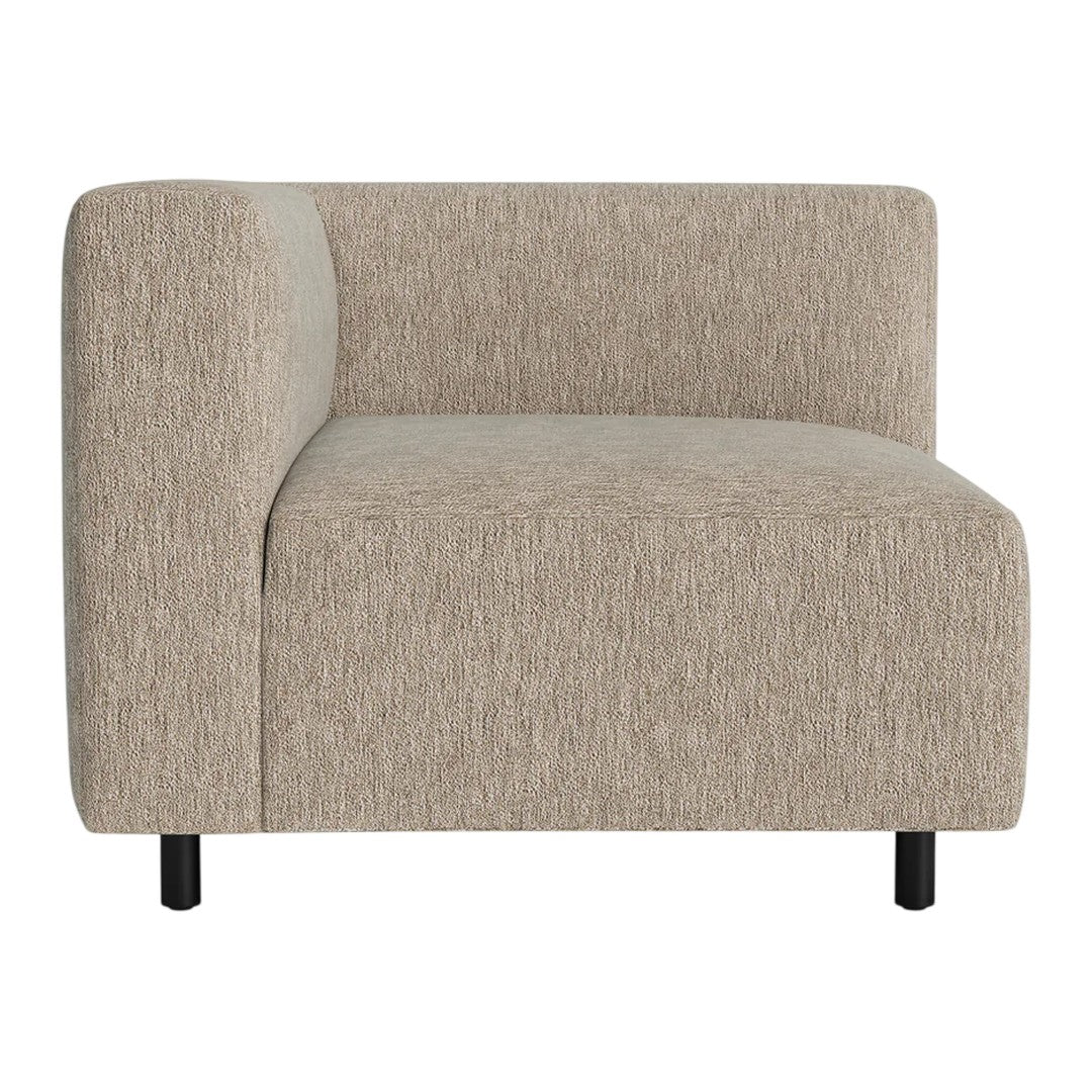 Beige textured fabric corner chair with subtle woven pattern and black legs, ideal for modern decor.