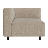 Beige textured fabric corner chair with subtle woven pattern and black legs, ideal for modern decor.