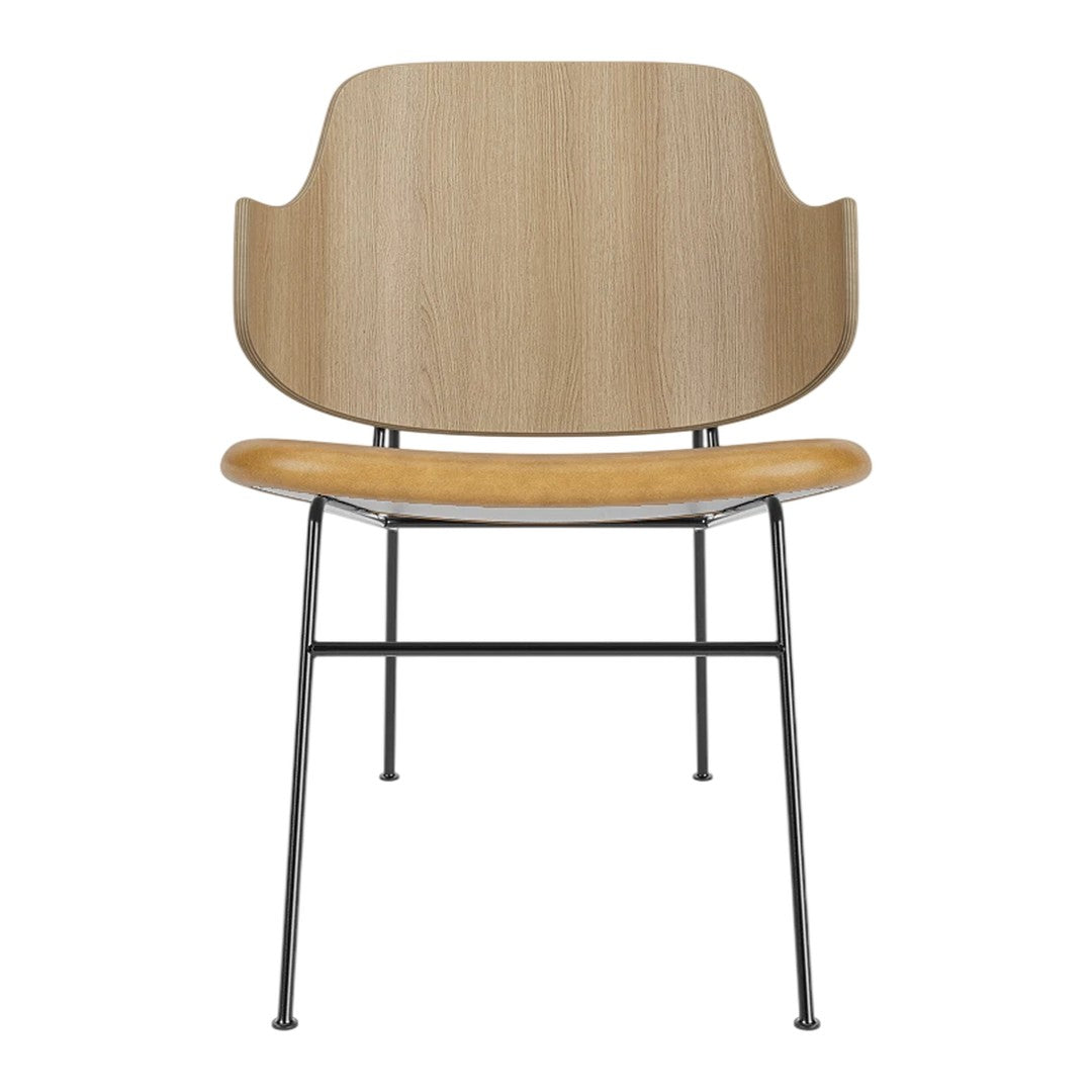Light wood and natural oak chair with black metal legs, minimalistic design, showcases smooth curves and simple patterns.