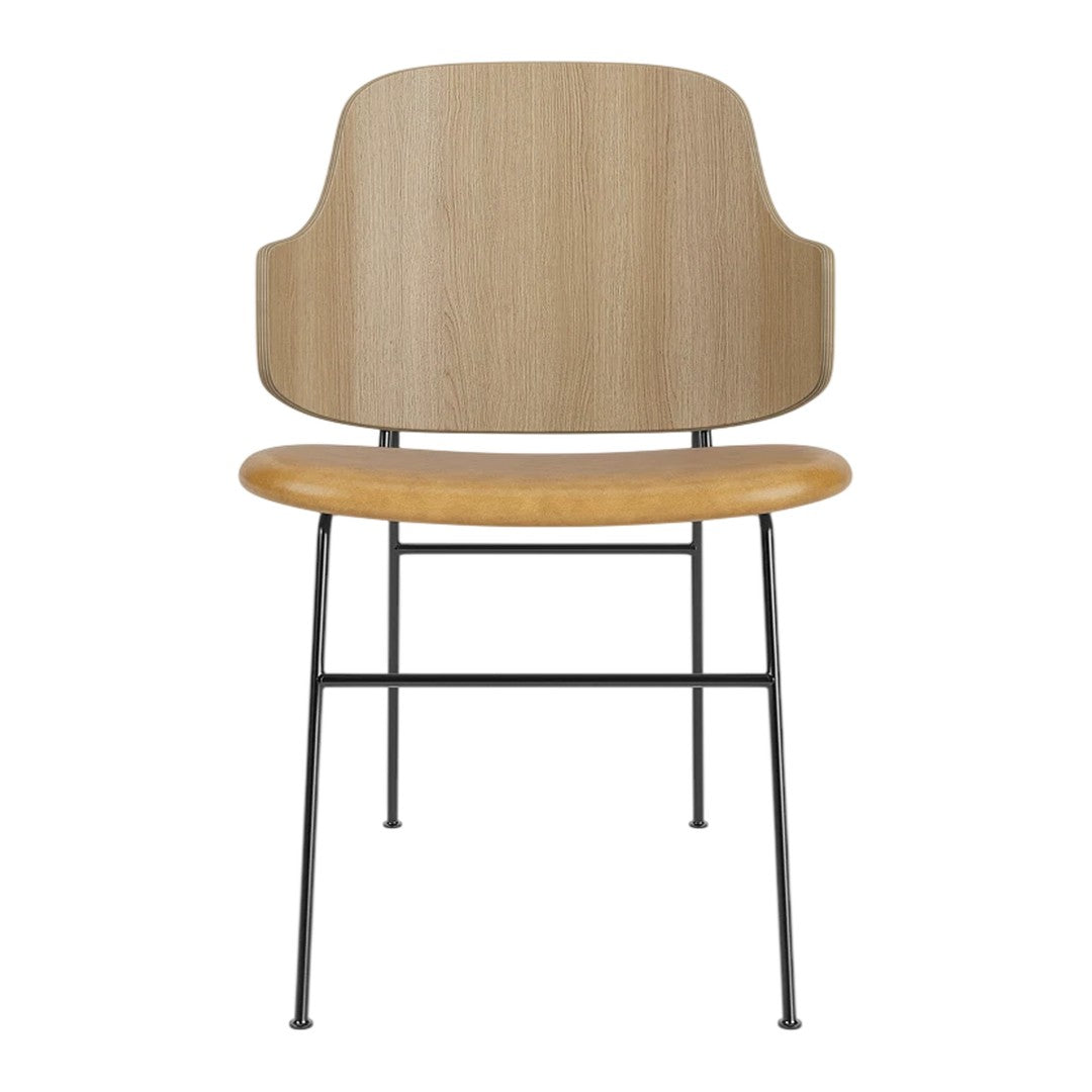 Light wood chair with a natural finish and black metal legs, featuring a smooth, minimalist design.