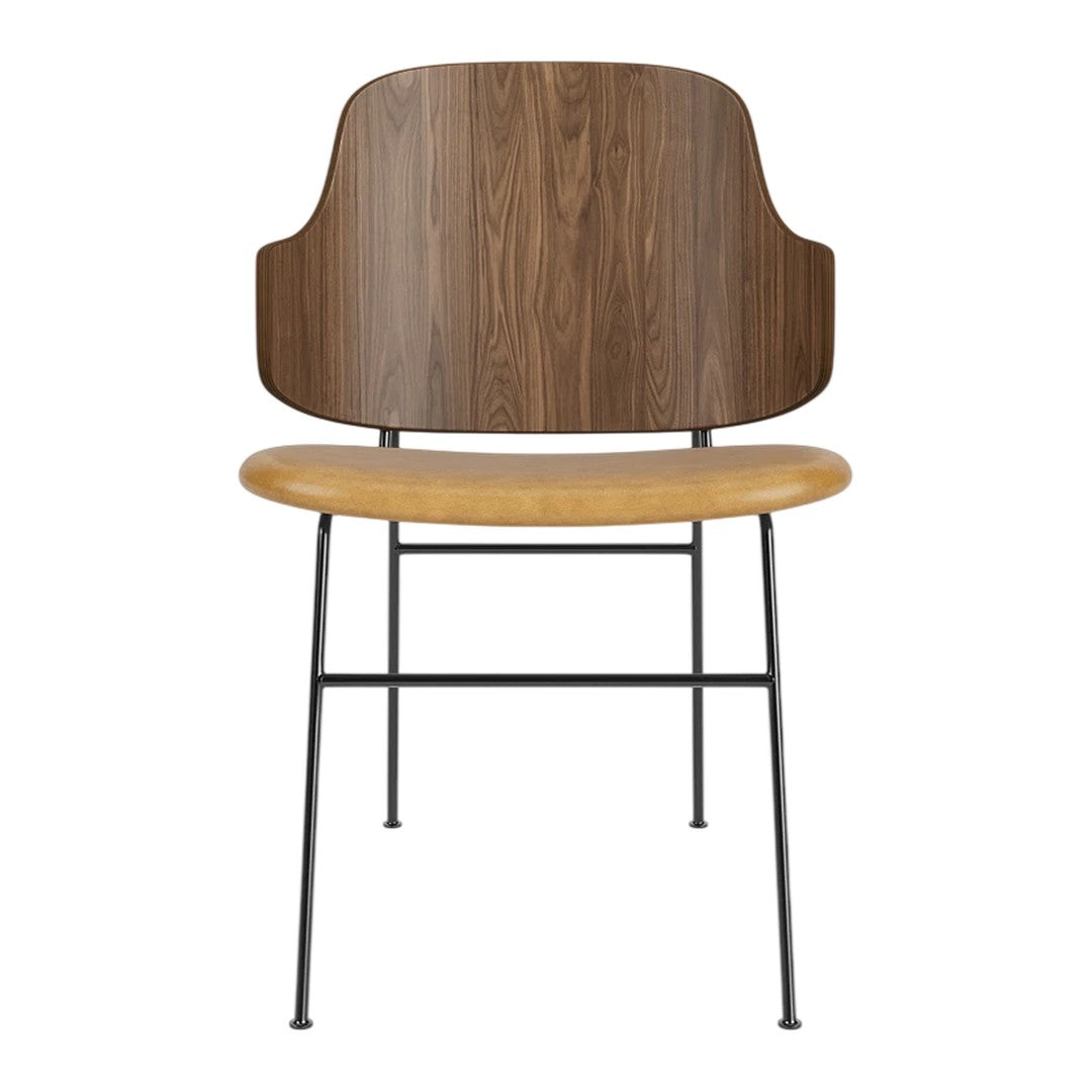 Wooden chair featuring a walnut backrest and a light tan seat, complemented by sleek black metal legs.