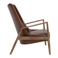 Brown leather armchair with sleek, minimalist design and light wood accents. Perfect for modern interiors.