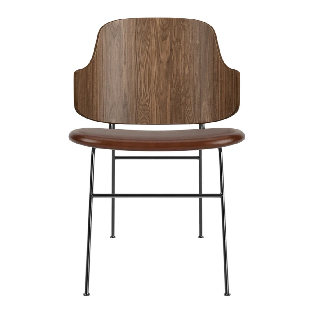 Modern chair featuring a sleek walnut wood backrest and warm brown seat, complemented by a minimalist black metal frame.